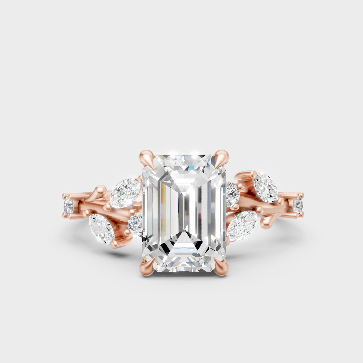 Romantic 18K Rose Gold Ring With Emerald Round And Marquise Lab Diamonds